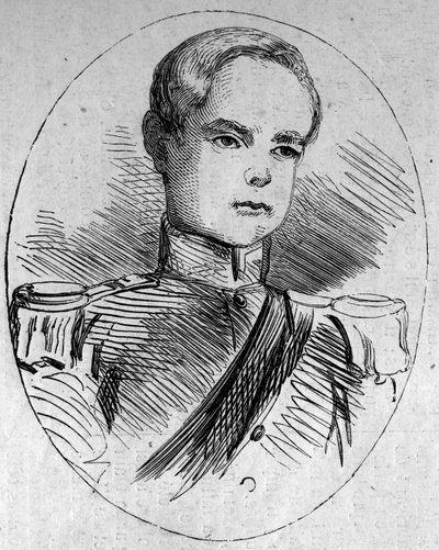 Porträtt av prins Humbert (1844-1900), blivande kung av Italien under namnet Humbert I (Umberto I). Gravyr i "" Le Monde Illustré"" nr 95 av 5 februari 1859. av French School