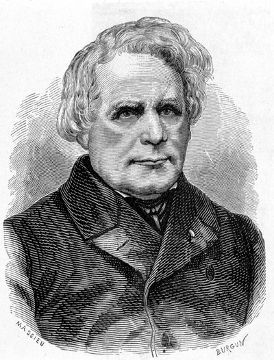 Porträtt av Ruhmkorff Heinrich Daniel (1803 - 1877), byggare av fysikinstrument (induktionsapparaten), tysk mekaniker och elektriker - i "" Vetenskapens album; berömda vetenskapsmän; Stora upptäckter””” 1896. av French School