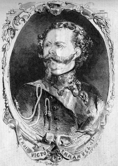 Porträtt av Victor Emmanuel II (Vittorio Emanuele) (Victor-Emmanuel) (1820-1878), kung av Sardinien och framtida kung av Italien. Gravyr i "" Le Monde Illustré"" nr 95 av 5 februari 1859. av French School