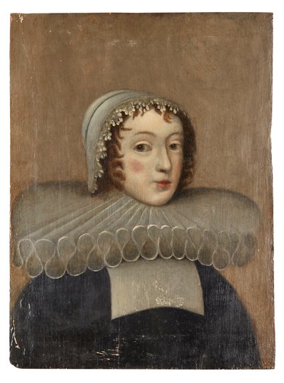 Porträtt av en dam med en ruff (olja på panel) av French School
