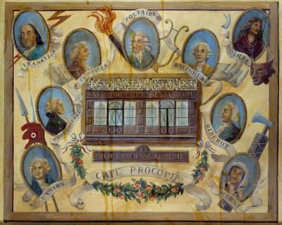 Porträtt av historiska personer och utsikt över det parisiska caféet Le Procope: Benjamin Franklin, Jean Jacques Rousseau, Voltaire, Jean D