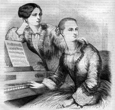 Porträtt av systrarna Cruvelli, tyska dansare. Sophie Cruvelli (Johanna Sofia Charlotte Cruwell, dit) (1826-1907) och Marie Cruvelli (Friederike Marie Cruwell, dit) (1824-1868). Gravyr från 1852. av French School