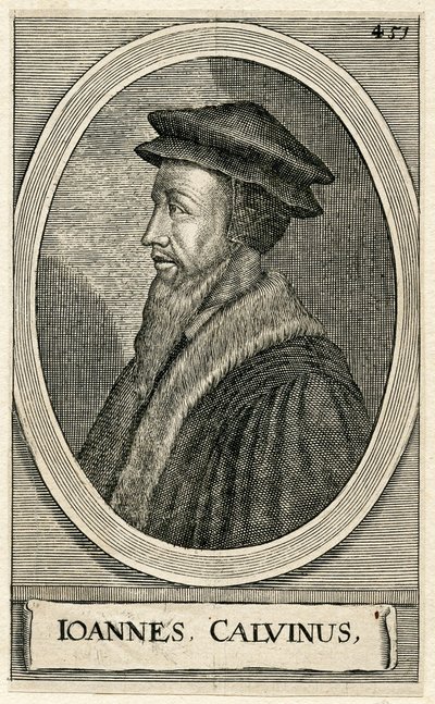 Porträtt av den franske teologen John Calvin (gravyr) av French School