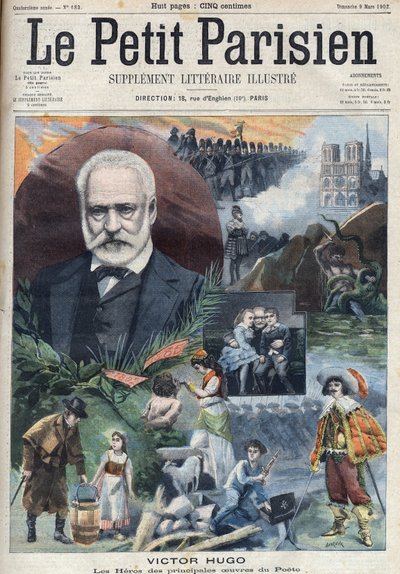 Porträtt av den franske författaren Victor Hugo (1802-1885) med illustrationer av hans huvudverk. Gravyr i "Le petit Parisien"” av French School