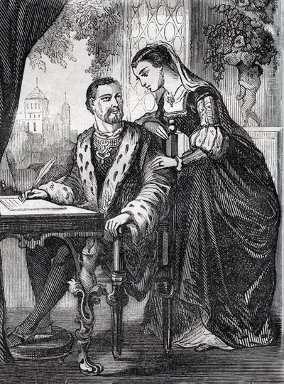Porträtt av kungen av Frankrike Henri II (1519-1559) och Diane de Poitiers (1499-1566)” (Porträtt av kungen av Frankrike Henri II och Diane av Poitiers) - gravyr - av French School