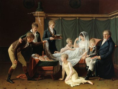 Porträtt av markisen och markisen de Cramayel och deras sju barn i en interiör, av French School