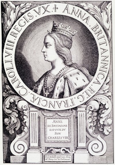 Porträtt av drottningen av Frankrike Anne av Bretagne (1477-1514). Gravyr från "Louis XII et Anne de Bretagne" av Paul Lacroix, ed. Georges Hurtrel av French School