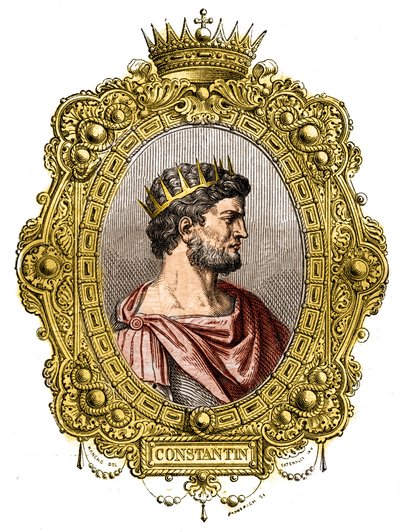 Porträtt av den romerske kejsaren Konstantin I den store (274-337). Gravyr i "Historien om påvar-kungar-drottningar och kejsare genom århundradena" av Maurice Lachatre av French School