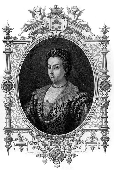 Porträtt av den venetianska Bianca Cappello (1548 - 1587), fru till Francois de Medicis (Francesco de Medici). Gravyr från 1862 i "" The Queens of the World"" av våra första författare. Bok utgiven under ledning av J. G. D. ARMENGAUD. av French School