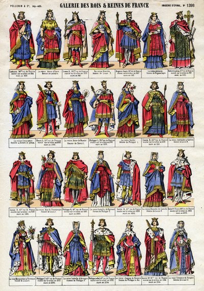Porträtt av kungarna och drottningen av Frankrike från Capetian dynastin (Capetian dynastin) från Lothaire (941-986) till Ludvig X Hutinen (1289-1316). Epinal avbildning från slutet av 1800-talet. Privat samling. av French School