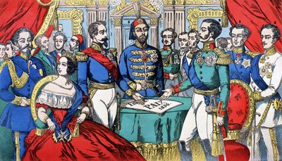 Porträtt av Europas suveräner under fredsfördraget 1856: från vänster till höger, Victor Emmanuel II (Victor Emmanuel) (Vittorio Emanuele), kung av Sardinien, Victoria, drottning av England, Napoleon III, turkisk kejsare, Alexander II, kung av Ryssland, F av French School