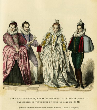 Porträtt 1581, av Louise de Vaudemont (1553-1601), drottning av Frankrike, fru till Henrik III (1551-1589), av den tredje hertigen av Guise, Henri I, känd som Balafre (1549-1588), av Marguerite av Lorraine (1564-1625) dotter till greven av Vaudemont (Nicol av French School