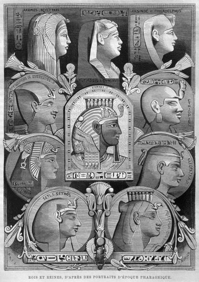 Porträtt av det antika Egyptens drottningar och kungar, från LEgypte av Georg Moritz Ebers (1837-98), 1881 (bw gravyr) av French School