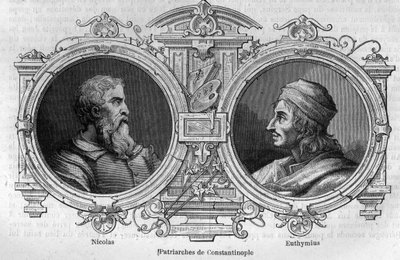 Porträtt av Nikolaus den mystiker (900-talet) och Euthymius av Athos (955-1028), patriarker av Konstantinopel. Gravyr i "Histoire des Papes-Rois-Queen and Empereurs a travers les centuries"" av Maurice Lachatre av French School