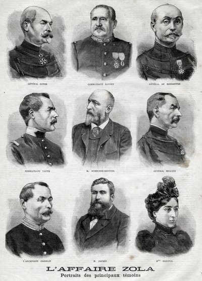 Porträtt av huvudvittnena i Dreyfus Zola-affären i ”Le Petit Journal”, 27 februari av French School