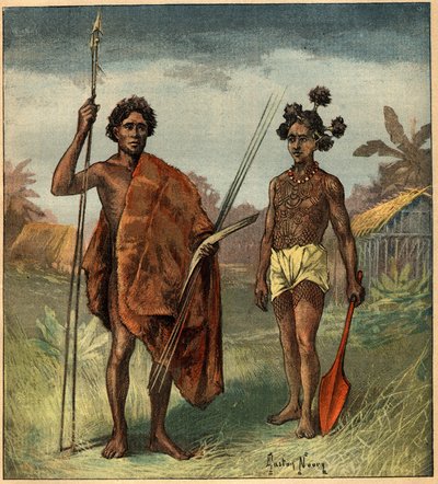 Porträtt av två ursprungsbefolkningar från Marringong-stammen, New South Wales (Australien). Gravyr i "" La Terre Illustree"" nr 97 av 8 september 1892. av French School