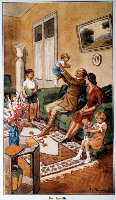 Post- och telekalender föreställande en familjescen, 1900-talet (tryck) av French School