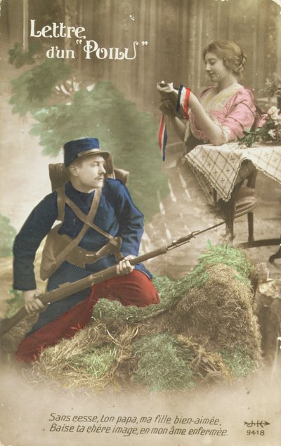 Vykort föreställande ett brev från en Poilu, 1914-18 (färgat foto) av French School