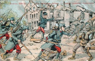 Vykort som visar det franska infanteriet som försvarar Champenoux av French School