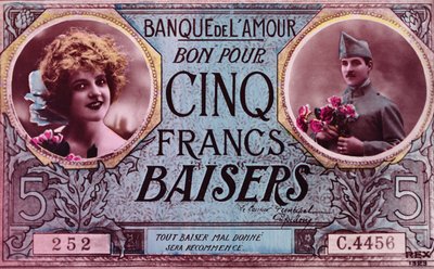 Vykort i form av en kupong för fem kissesfrancs från Bank of Love, 1914-18 av French School