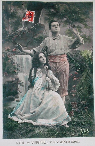 Vykort av Paul och Virginie: Bönen i skogen (färg litho) (se 197787) av French School