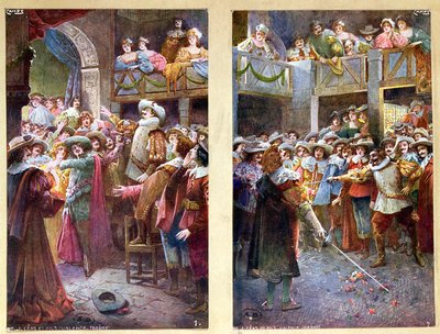 Vykort föreställande Cyrano de Bergerac och duellen på Hotel de Bourgogne, ca 1900 av French School