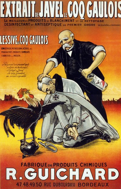 Affisch "" Bleach Extract Le Coq Gaulois - de bästa bleknings- och rengöringsprodukterna - första ordningens desinfektionsmedel och antiseptisk (i flaskor och flaskor) - Manufacture de produits chimiques René Guichard"" publicerad i Bordeaux 1917. av French School