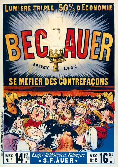 Affischreklam för Becauer petroleumlampor, tryckta av Charles Verneau, 1890 av French School
