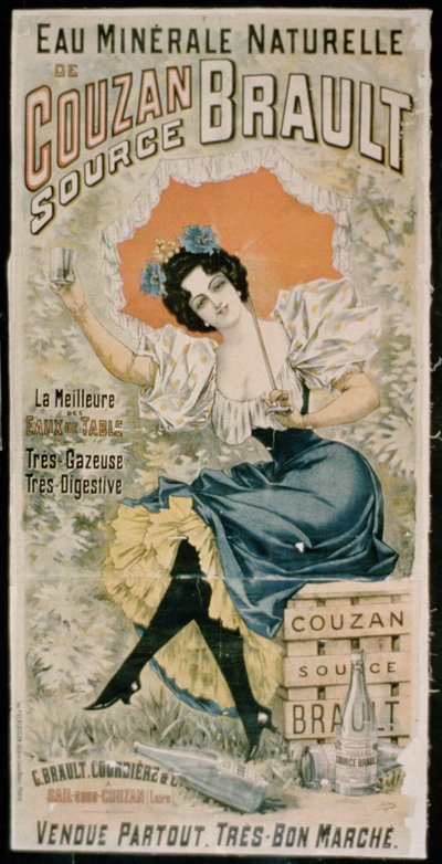 Affisch som annonserar Brault Natural Mineral Water från Couzan av French School