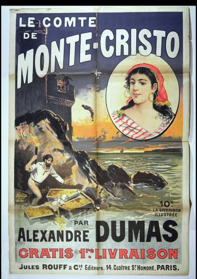 Affischreklam för Greven av Monte Cristo av Alexandre Dumas Pere (1802-70) av French School