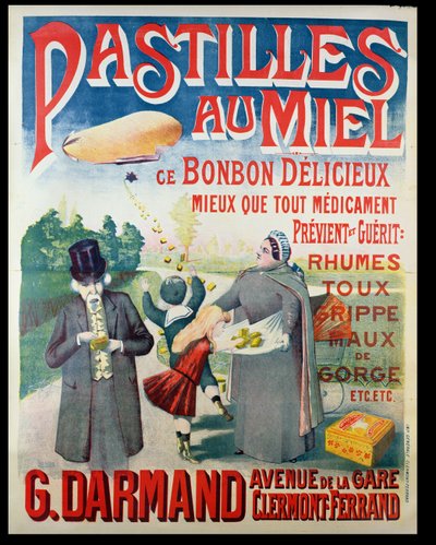 Affischreklam Pastilles au Miel, honungstabletter, tillverkade av G. Darmand av French School