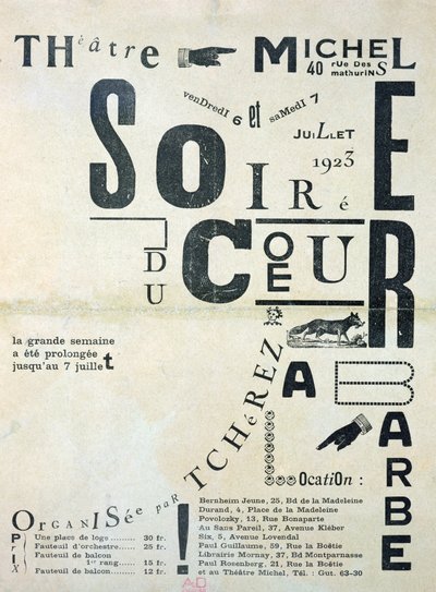 Affischreklam för Soiree du Coeur a Barbe på Michelteatern 6 och 7 juli 1923 av French School