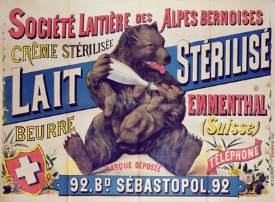 Affisch med reklam för steriliserad mjölk, smör och emmentalerost från Societe Laitiere des Alpes Bernoises, 1895-1900 av French School