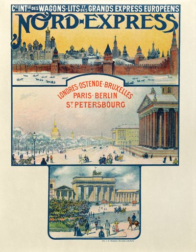 Affisch som annonserar Compagnie des Wagons-Lits et des Grands Express Europeens, London till St Petersburg, tidigt 1900-tal av French School