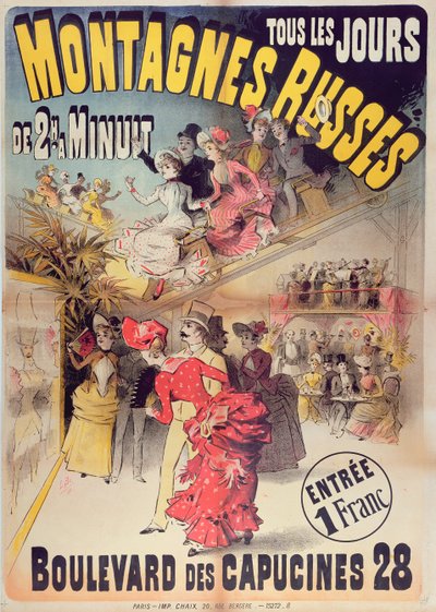 Affisch som annonserar berg-och-dalbanan Montagnes Russes på Boulevard des Capucines, Paris, 1888 av French School