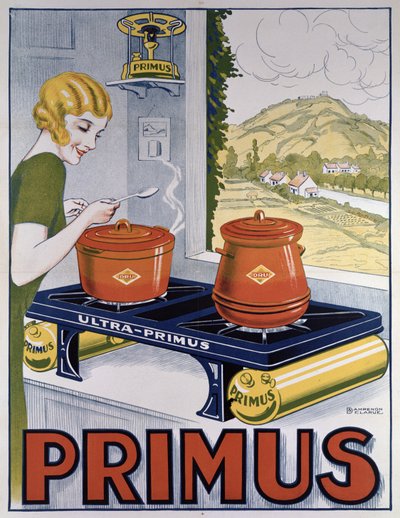 Affisch med reklam för Primus-hällen, tryckt av Dampenon & Elarue av French School