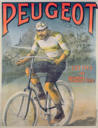 Affisch som annonserar cyklerna Peugeot (färggravyr) av French School