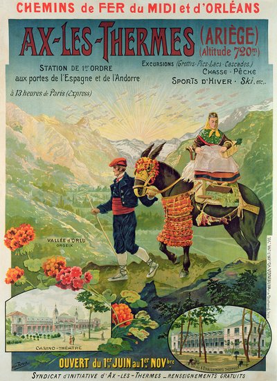 Affisch som annonserar skidorten Ax-Les-Thermes, Frankrike, ca 1900 av French School