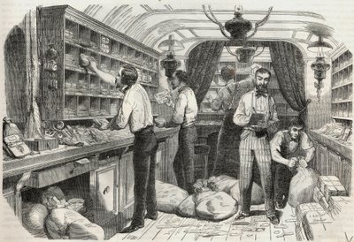 Inlägg: interiör av det mobila kontoret - Gravyr i "Tableau-de-Paris" av Edmond Texier 1852 av French School