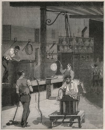 Keramik, Manufacture de Sevres: Vakuum- och tryckluftsgjutverkstad. Gravyr från 1885 i "" Les arts et metiers illustres"" av Adolphe BITARD. av French School