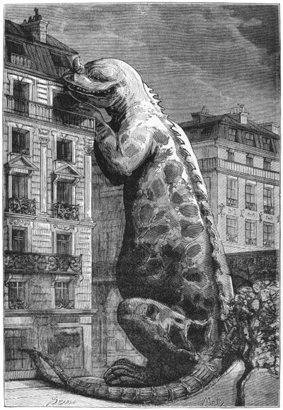 Förhistoriskt monster i en modern stad, graverad av Motty (1800-talet) illustration från Le Monde Avant la Creation de lHomme av Camille Flammarion, publicerad av Marpon och Flammarion, 1886 (gravyr av French School