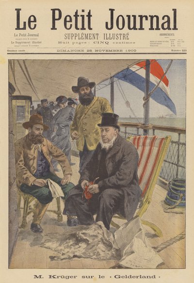President Kruger av Transvaal seglar i exil ombord på det holländska skeppet Gelderland (färg litho) av French School