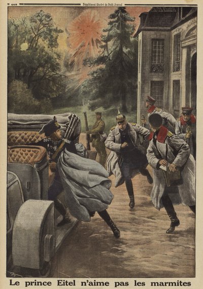 Prins Eitel Friedrich av Preussen, andre son till kejsar Wilhelm II av Tyskland, flyr i panik när hans högkvarter på Chateau de Temple-la Fosse utsätts för franskt artilleribombardemang under slaget vid Somme, första världskriget av French School