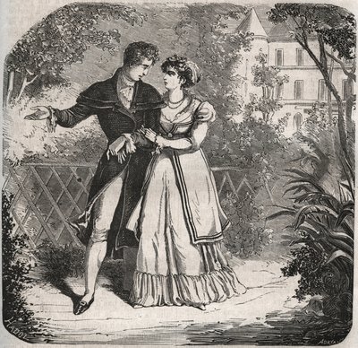 Prinsessan av Wales Carolina av Brunswick (1768-1821) på promenad med sin älskare, Bartolomeo Bergami. Gravyr från 1871 i "Histoire Des Cocus Celebres"" av Henry de Kock (1819-1892). av French School
