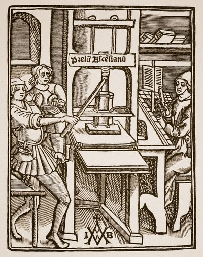 Tryckpress, Hegesippus titelsida, tryckt av Jodocus Badius Ascensius, Paris, 1511 (sepiafoto) av French School