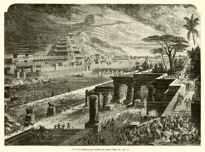Erövring av Babylon av Cyrus armé (gravyr) av French School