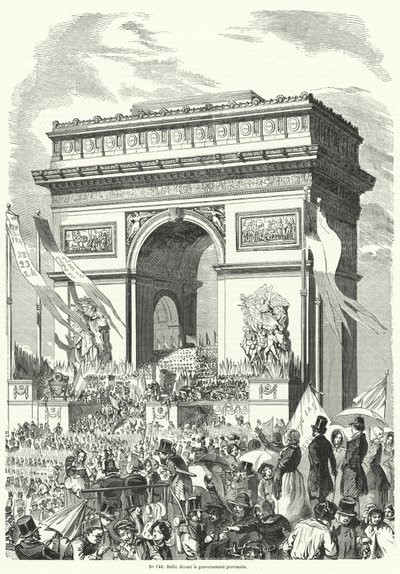 Procession som passerar framför den franska provisoriska regeringen vid Triumfbågen, Paris av French School
