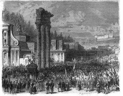 Tillkännagivande av den romerska republiken 1798. (Proclamation della repubblica romana nel 1878) Gravyr i "Histoire des Papes-King-Queen-and-Empereurs a travers les centuries" av Maurice Lachatre av French School