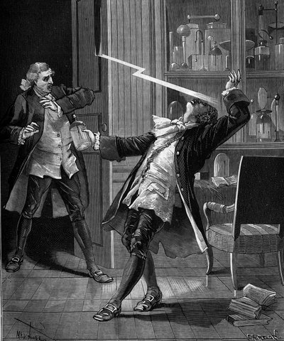 Professor Georges Guillaume Richmann (1711-1753) dog i sin verkstad efter ett experiment med en elektrometer av French School