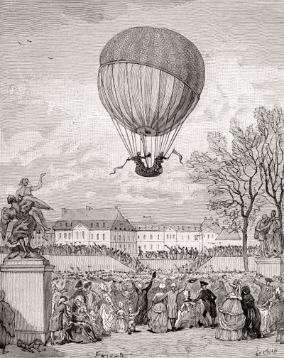 Professor Jacques Charles och Nicolas-Louis Robert flyger världens första bemannade väteballong den 1 december 1783 i Tuilleries Gardens, Paris, från 